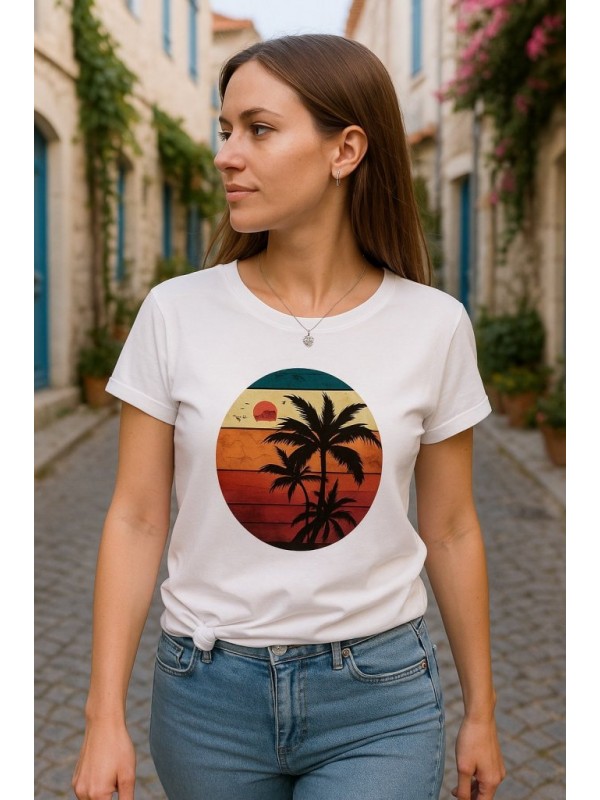 Kadın Kısa Kollu Palmiye Baskılı Viskon Bluz, 26503